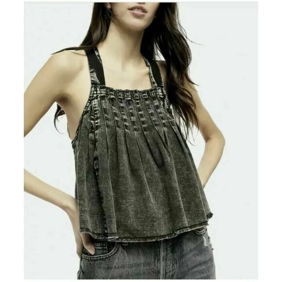 Free People Women's Marina Sleeveless Denim Cropped Tank Top Black S, $96 NWT - Picture 2 of 4